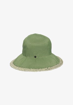Green bucket hat with textured horizontal ridges and a woven cream-colored brim edge, displayed on a white background.