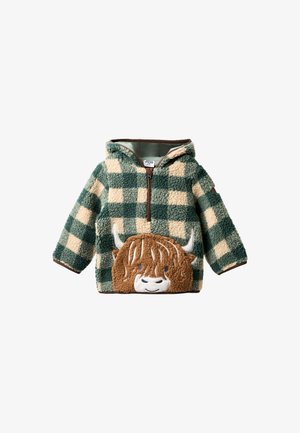 Grün-creme karierter Fleece-Hoodie für Kinder mit Frontreißverschluss und brauner Highlands-Rinder-Gesichtstasche.