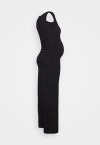 Vestido de maternidade preto feito de um tecido suave e elástico. Apresenta um corpete justo, decote em U e detalhes franzidos para uma silhueta lisonjeira.