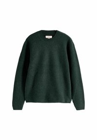 Rippstrickpullover in Dunkelgrün, mit Rundhalsausschnitt und langen Ärmeln. Aus einem strukturierten Stoff gefertigt, der Wärme bietet.