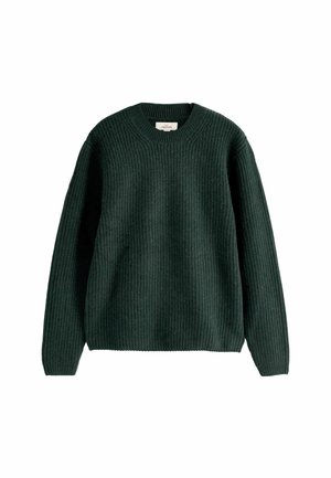 Rippstrickpullover in Dunkelgrün, mit Rundhalsausschnitt und langen Ärmeln. Aus einem strukturierten Stoff gefertigt, der Wärme bietet.