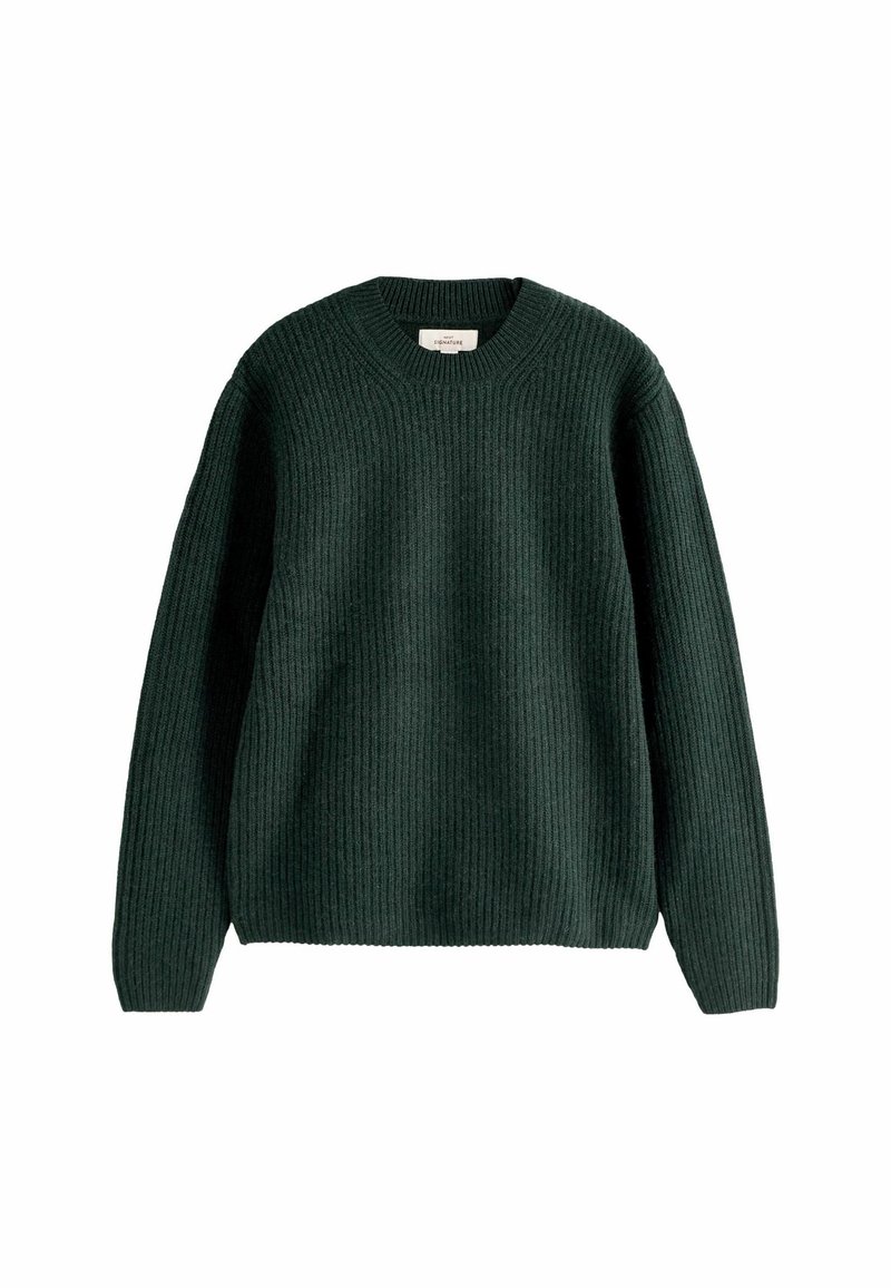 Rippstrickpullover in Dunkelgrün, mit Rundhalsausschnitt und langen Ärmeln. Aus einem strukturierten Stoff gefertigt, der Wärme bietet.