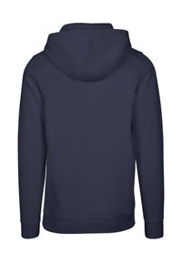 Dark navy hoodie with a spacious, adjustable hood, long sleeves, and a flat hem. Made from soft, textured fabric with visible seams.