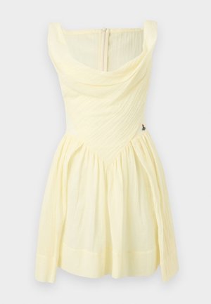 Sleeveless light yellow dress with draped neckline, fitted bodice, gathered waist, and small decorative pin on right side.