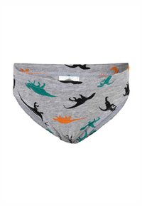 Graue Kinderunterwäsche mit bunten Dinosaurier-Silhouetten in Orange, Grün und Schwarz, die überall bedruckt sind.