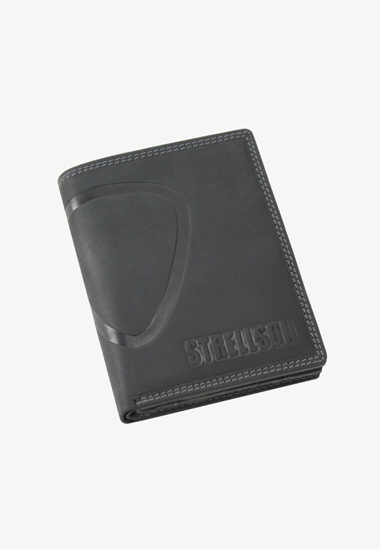 Portafoglio in pelle nera con bordi cuciti, caratterizzato da un logo in rilievo prominente e un accento liscio e strutturato su un lato.