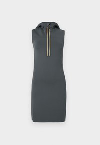 Αμάνικο γκρι φόρεμα με κουκούλα, διαθέτει μπροστινό φερμουάρ με κίτρινες και μαύρες ρίγες. Κατασκευασμένο από απαλό, ελαστικό υλικό.