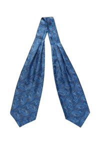 Sininen paisley-silkki solmio, jossa on monimutkaisia kieppuvia kuvioita eri sinisen sävyissä teksturoidulla pinnalla. Pitkät, kapenevat päät.