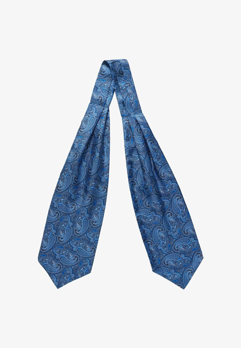 Sininen paisley-silkki solmio, jossa on monimutkaisia kieppuvia kuvioita eri sinisen sävyissä teksturoidulla pinnalla. Pitkät, kapenevat päät.