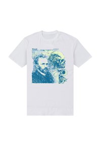 Bílé tričko s modrožlutou grafikou Vincenta van Gogha, lebky a slunečnic, s textem "Vincent" a "Amsterdam".