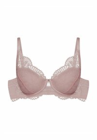 Light pink lace bra with floral patterns, semi-transparent cups, adjustable straps, and a smooth band featuring scalloped edges.