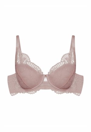 Light pink lace bra with floral patterns, semi-transparent cups, adjustable straps, and a smooth band featuring scalloped edges.