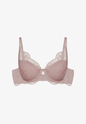 Light pink lace bra with floral patterns, semi-transparent cups, adjustable straps, and a smooth band featuring scalloped edges.