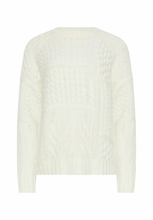 Pull en tricot blanc avec divers motifs texturés, y compris des torsades et des côtes. Il a un col rond et de longues manches raglan.