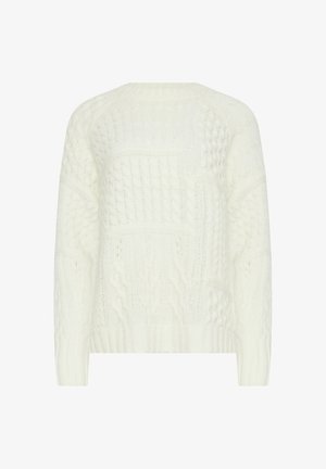 Weißer gestrickter Pullover mit verschiedenen strukturierten Mustern, einschließlich Zopfmuster und Rippenstrick. Er hat einen runden Halsausschnitt und lange Raglanärmel.