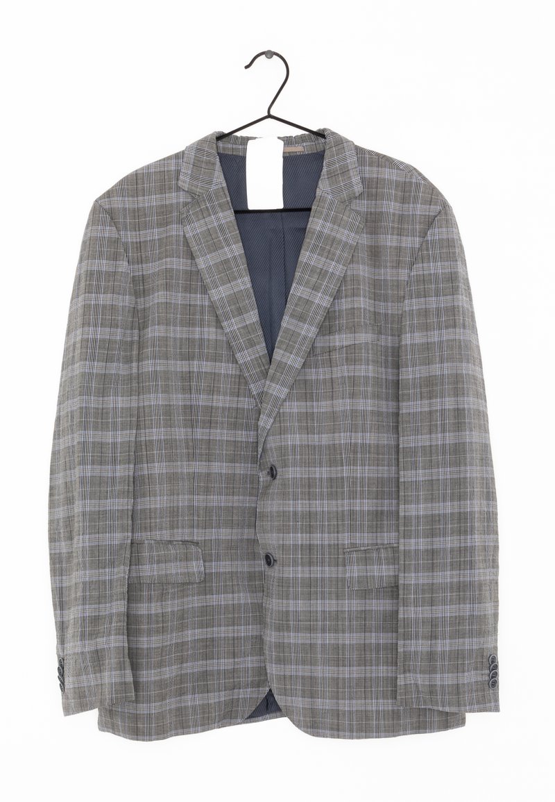 Blazer homme à carreaux gris et bleu clair avec revers crantés et deux boutons, suspendu sur un cintre noir sur fond blanc.
