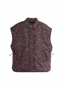Vatteret sort vest med rød og pink leopardprint, høj krave, sidelommer og justerbare snører i taljen.