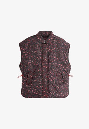 Čierna prešívaná vesta s červeno-ružovým leopardím vzorom, vysokým golierom, bočnými vreckami a nastaviteľnými sťahovacími šnúrkami v páse.