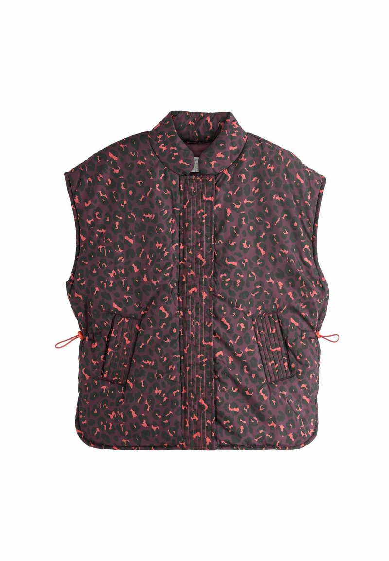 Vatteret sort vest med rød og pink leopardprint, høj krave, sidelommer og justerbare snører i taljen.