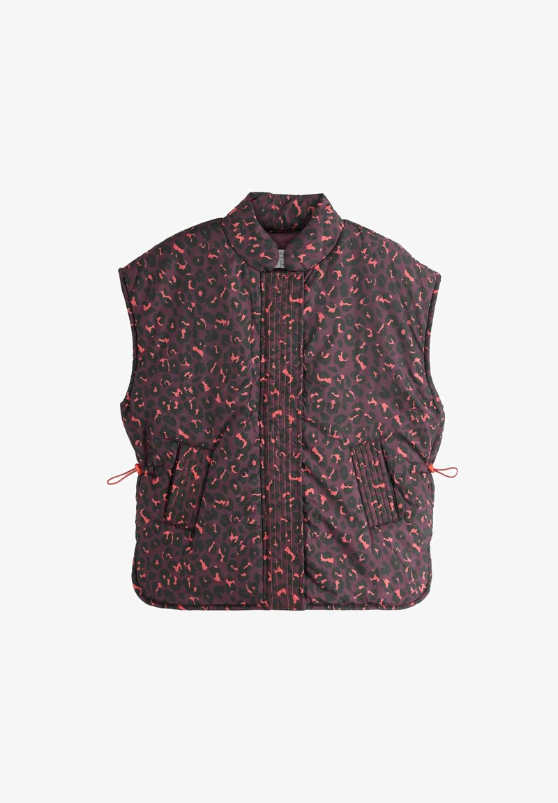 Vatteret sort vest med rød og pink leopardprint, høj krave, sidelommer og justerbare snører i taljen.