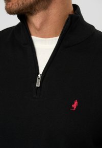 Schwarzer Reißverschluss-Pullover mit geripptem Kragen, ausgestattet mit einem silbernen Reißverschluss und einem kleinen roten gestickten Logo. Über einem weißen strukturierten Hemd getragen.