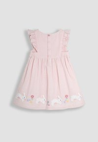 Rochie în dungi roz și alb cu mâneci volănoase, nasturi la spate și iepurași și flori brodate la margine. Material din bumbac.