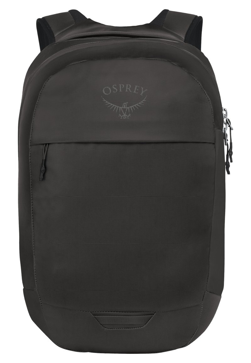 Osprey rugzak in effen zwart stof met een textuuroverfinish, voorzien van een voorzak met ritssluiting, logo-detail en gevoerde schouderbanden.