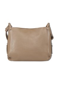 Beige schoudertas van getextureerd leer met verstelbare riem en ritssluitingen aan beide zijden, weergegeven op een witte achtergrond.