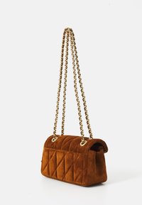 Brown suede quilted handbag with gold chain double straps, rectangular shape, and flap closure against a white background.