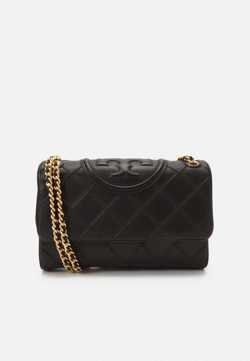 Black quilted leather handbag featuring a prominent logo, gold chain strap, and structured rectangular shape with rounded edges.