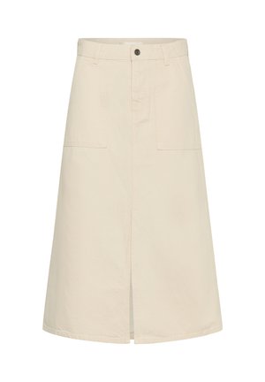 Kreemika värvi keskmise pikkusega seelik, millel on ees lõhik, kaks suurt taskut, vööaasad ja vööklambraga kinnis taljel.