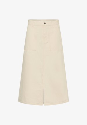 Gonna midi color crema con spacco frontale, due grandi tasche applicate, passanti per cintura e chiusura con bottone in vita.