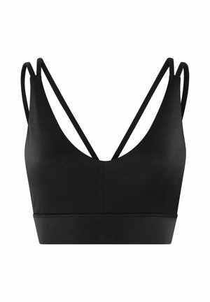 Crni sportski grudnjak s tankim dvostrukim naramenicama i dubokim V-izrezom, s širokim elastičnim pojasom na dnu za podršku.