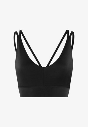 Brassière de sport noire avec fines doubles bretelles et un décolleté en V profond, dotée d'une large bande élastique en bas pour le maintien.