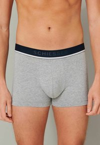 Gray cotton boxer briefs with a navy waistband featuring "SCHIESSER" logo. Smooth texture; fitted design with a front pouch.