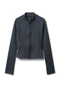 Giacca grigia scura a maniche lunghe con zip, con un sottile motivo leopardato, colletto alto e due tasche laterali con zip, stesa su uno sfondo bianco.