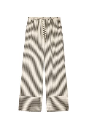 Paski szerokie spodnie w kolorze kremowym i czarnym, z elastyczną talią i kontrastowym wykończeniem nogawek. Miękki materiał o lekkiej teksturze.