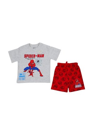 Ensemble deux pièces pour enfants avec t-shirt gris Spider-Man avec personnage et toile d'araignée, assorti à un short rouge à motifs de visages et logo Spider-Man.