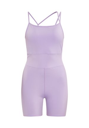 Lilla tætsiddende bodysuit med spaghetti-stropper og en glat tekstur, der har et sømløst design og korte shorts for et strømlinet udseende.