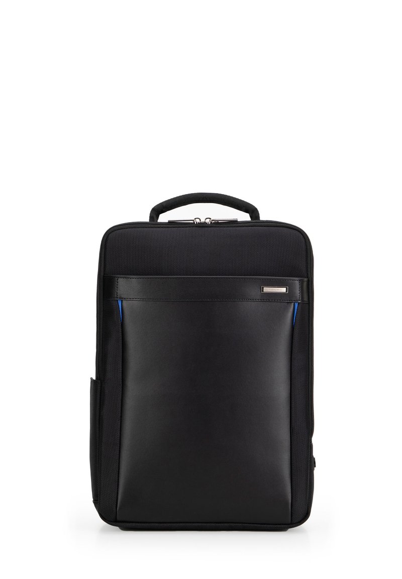 Zwarte laptoprugzak gemaakt van duurzaam materiaal met een gladde afwerking. Voorzien van een handvat aan de bovenkant, een ritssluiting en een voorvak met blauwe accenten.