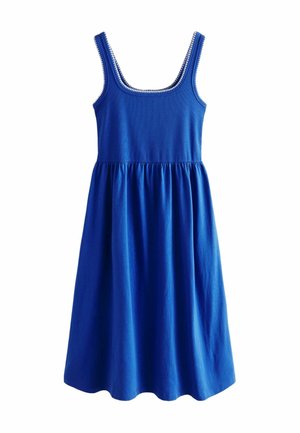 Abito blu reale senza maniche con vita arricciata e scollo quadrato, con cuciture decorative bianche lungo lo scollo e le spalline.