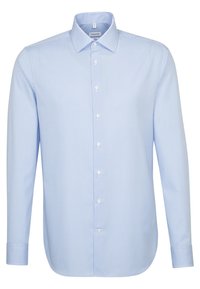 Camicia azzurro chiaro con pattern a scacchi, maniche lunghe, colletto a punta e orlo curvo, realizzata in un tessuto liscio.