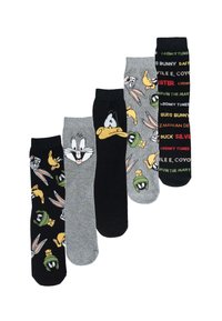 Quattro paia di calzini di cotone con personaggi dei Looney Tunes. I colori includono nero, grigio e verde scuro, con vari design e motivi dei cartoni animati.