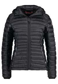 Schwarze gesteppten Pufferjacke für Frauen mit tailliertem Schnitt, Frontreißverschluss, Kapuze und langen Ärmeln.