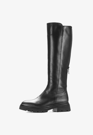 Tall black leather boot with chunky sole and back zipper, smooth finish, and rounded toe, shown in side profile.