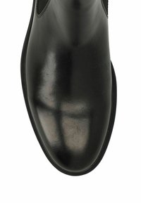 Black leather ankle boot with a smooth finish, elastic side panels, rounded toe, and subtle stitching detail along the seams.