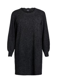 Robe en tricot texturé gris foncé avec de longues manches et un décolleté festonné. Coupe ample et poignets côtelés aux extrémités des manches.