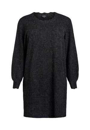 Robe en tricot texturé gris foncé avec de longues manches et un décolleté festonné. Coupe ample et poignets côtelés aux extrémités des manches.
