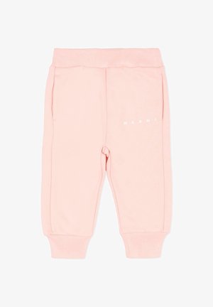 Różowe bawełniane spodnie dresowe z prążkowanymi ściągaczami przy nogawkach i w talii. Posiadają boczne kieszenie oraz białe logo na lewej udzie. Gładka faktura.