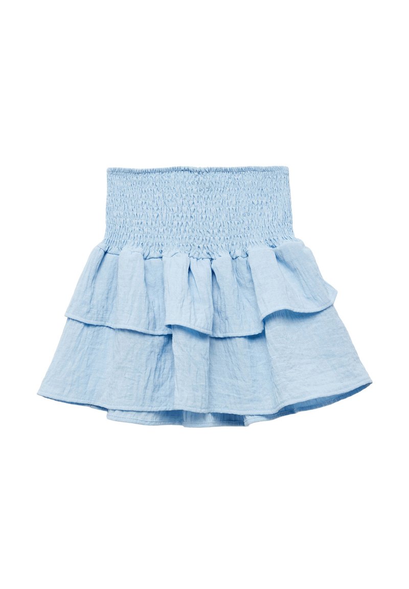 Falda de capas de color azul claro con cintura fruncida. Cuenta con tres volantes en capas de una tela suave y texturizada.